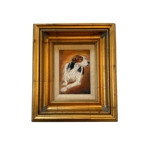Contemporary Gold Wood Framed Oil on Canvas Portrait “Blinks Hound” Signed - Picture 13 of 13